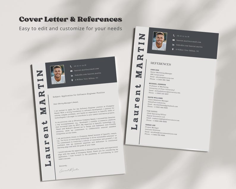 May include: A black and white cover letter and references page with a photo of a man at the top. The text "Laurent MARTIN" is repeated in a large font on both pages. The cover letter is titled "Application for Software Engineer Position". The references page lists the names, titles, and contact information for four individuals.