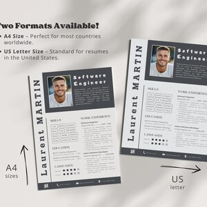 May include: Two resume templates in A4 and US Letter sizes, featuring a black and white design with a gray header. The header includes the text "Software Engineer" and a headshot of a person. The resume includes sections for skills, work experience, education, and languages.
