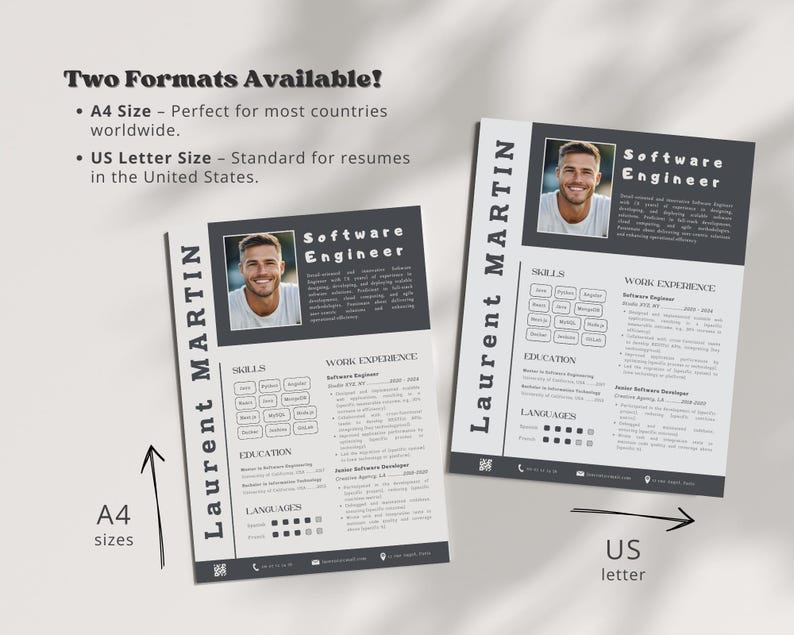 May include: Two resume templates in A4 and US Letter sizes, featuring a black and white design with a gray header. The header includes the text "Software Engineer" and a headshot of a person. The resume includes sections for skills, work experience, education, and languages.