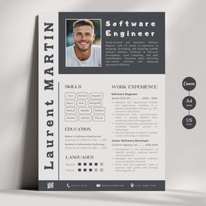 Peut inclure: Un CV en noir et blanc avec une photo d'un homme. Le CV indique le nom de l'homme, Laurent Martin, ainsi que ses compétences, son expérience professionnelle, sa formation et ses langues. Le CV est formaté dans un style moderne et minimaliste.