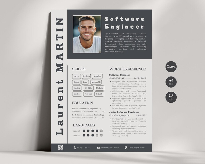 May include: A black and white resume with a headshot of a man. The resume lists the man's name, Laurent Martin, as well as his skills, work experience, education, and languages. The resume is formatted in a modern, minimalist style.