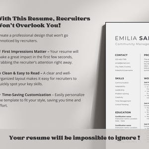 Może przedstawiać: Szablon CV w czarno-białym designie. Tekst "With This Resume, Recruiters Won't Overlook You!" znajduje się na g&oacute;rze strony. Szablon zawiera sekcje na dane kontaktowe, umiejętności, doświadczenie zawodowe i wykształcenie. Tekst "Your resume will be impossible to ignore!" znajduje się na dole strony.