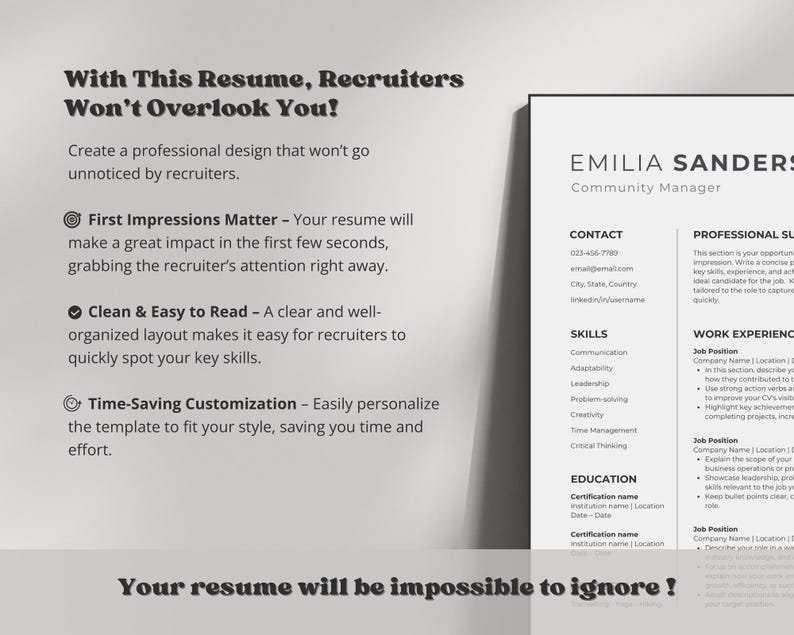 Może przedstawiać: Szablon CV w czarno-białym designie. Tekst "With This Resume, Recruiters Won't Overlook You!" znajduje się na g&oacute;rze strony. Szablon zawiera sekcje na dane kontaktowe, umiejętności, doświadczenie zawodowe i wykształcenie. Tekst "Your resume will be impossible to ignore!" znajduje się na dole strony.