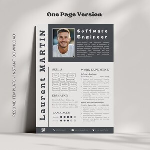May include: A black and white resume template with a photo of a man in the top left corner. The resume is for a software engineer named Laurent Martin. The resume includes sections for skills, work experience, education, and languages.