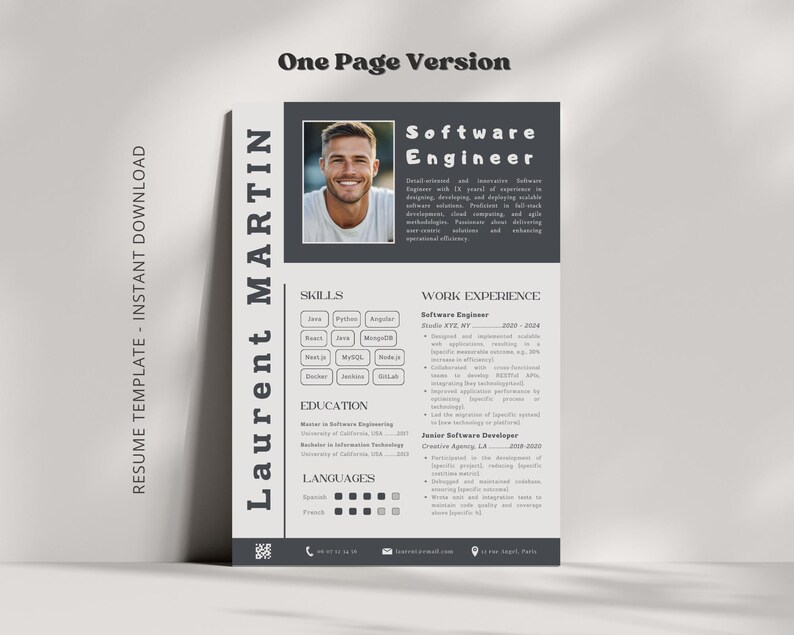 May include: A black and white resume template with a photo of a man in the top left corner. The resume is for a software engineer named Laurent Martin. The resume includes sections for skills, work experience, education, and languages.