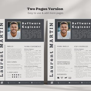 May include: A two-page black and white resume template with a professional headshot. The resume is for a software engineer named Laurent Martin. The resume includes sections for skills, work experience, education, languages, professional development, and interests.