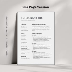 Może przedstawiać: Czarno-biały szablon CV z tytułem "One Page Version" i nazwiskiem "Emilia Sanders" u g&oacute;ry. CV zawiera sekcje z danymi kontaktowymi, umiejętnościami, doświadczeniem zawodowym, wykształceniem i zainteresowaniami.