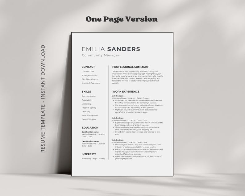 Może przedstawiać: Czarno-biały szablon CV z tytułem "One Page Version" i nazwiskiem "Emilia Sanders" u g&oacute;ry. CV zawiera sekcje z danymi kontaktowymi, umiejętnościami, doświadczeniem zawodowym, wykształceniem i zainteresowaniami.