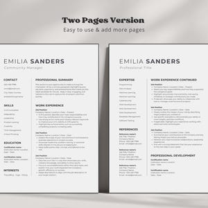 Może przedstawiać: Dwustronny szablon CV o nowoczesnym, minimalistycznym designie. Szablon zawiera czarno-białą kolorystykę z prostym, czystym układem. CV zawiera sekcje na dane kontaktowe, podsumowanie zawodowe, umiejętności, doświadczenie zawodowe, wykształcenie i zainteresowania. Szablon został zaprojektowany tak, aby był łatwy w użyciu i dostosowywaniu.