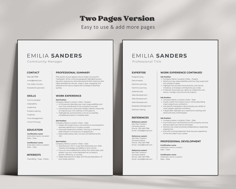 Może przedstawiać: Dwustronny szablon CV o nowoczesnym, minimalistycznym designie. Szablon zawiera czarno-białą kolorystykę z prostym, czystym układem. CV zawiera sekcje na dane kontaktowe, podsumowanie zawodowe, umiejętności, doświadczenie zawodowe, wykształcenie i zainteresowania. Szablon został zaprojektowany tak, aby był łatwy w użyciu i dostosowywaniu.