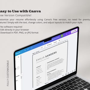 Może przedstawiać: Laptop wyświetlający szablon CV w Canva, bezpłatnej platformie projektowej online. Szablon CV jest dla Community Managera o imieniu Emilia Sanders. Szablon jest w pełni konfigurowalny i można go pobrać w formacie PDF, PNG lub JPG.