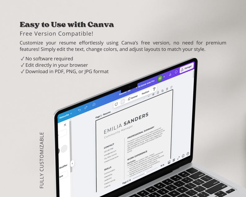 Może przedstawiać: Laptop wyświetlający szablon CV w Canva, bezpłatnej platformie projektowej online. Szablon CV jest dla Community Managera o imieniu Emilia Sanders. Szablon jest w pełni konfigurowalny i można go pobrać w formacie PDF, PNG lub JPG.