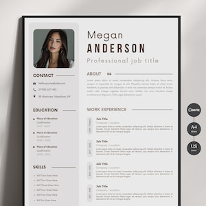 May include: A black and white resume template featuring a professional headshot of a woman. The resume includes sections for contact information, education, work experience, and skills. The text "Megan Anderson" and "Professional job title" are at the top of the page.