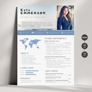 Currículo de comissário de bordo, modelo de currículo moderno com carta de apresentação, currículo profissional com foto, currículo CV, modelo Canva, download instantâneo