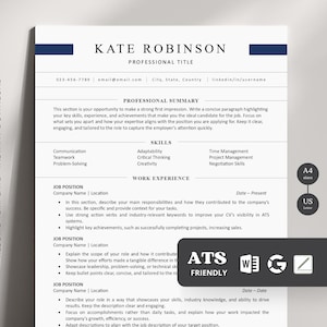 May include: A blue and white resume template with a dark blue header and a section for professional summary, skills, and work experience. The template is ATS friendly and can be edited in Microsoft Word and Google Docs.