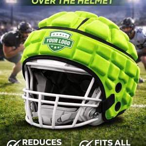 May include: A lime green Guardian Cap worn over a white football helmet. The cap has a padded design and the text "YOUR LOGO" on the front. The image also includes the text "REDUCES IMPACT", "FITS ALL HELMETS", and "TEAM CUSTOM LOGOS".