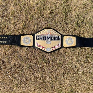 May include: A championship belt with a black leather strap and a gold and silver centre plate. The centre plate has the word "CHAMPION" in blue letters and the WWE logo. The belt is lying on a bed of dry grass.