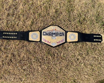 May include: A championship belt with a black leather strap and a gold and silver center plate. The center plate has the word "CHAMPION" in blue letters and the WWE logo. The belt is lying on a bed of dry grass.