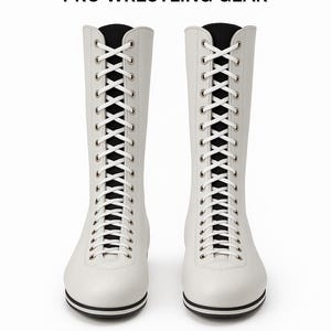 May include: White wrestling boots with black laces and a black trim around the top of the boot. The boots have a white sole with a black stripe around the edge. The text 'WRESTLING BOOTS' and 'PRO WRESTLING GEAR' is at the top of the image. The text 'Fairhaven INDUSTRY' is at the bottom of the image.