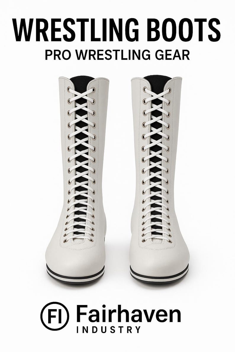 May include: White wrestling boots with black laces and a black trim around the top of the boot. The boots have a white sole with a black stripe around the edge. The text 'WRESTLING BOOTS' and 'PRO WRESTLING GEAR' is at the top of the image. The text 'Fairhaven INDUSTRY' is at the bottom of the image.