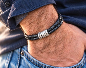 Personalized Mens Bracelet for Dad, Custom Engraved Kids Names Bead Leather Bracelet, Family Gift for Grandpa, Christmas Gift for Dad