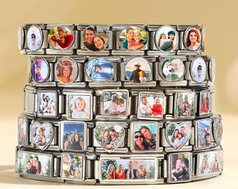 Custom Photos Italian Bracelet,Photo Memory Charm Link,Italian Bracelet with Photo Birthstone Text Charm,DIY Gift Jewelry,Christmas Gifts
