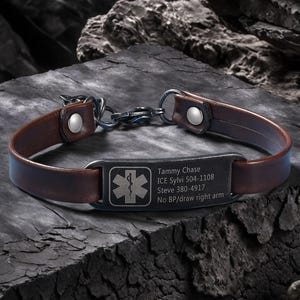 Bracelet vintage d'alerte médicale personnalisée pour moi, bracelet d'identification en cuir avec code QR, bijoux d'urgence, bracelet d'identification médicale durable