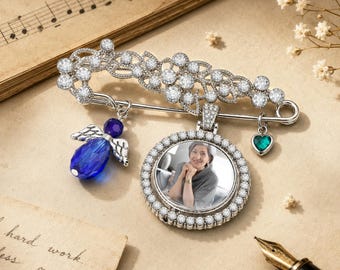 Personalized Memorial Bridal Bouquet Charm Custom Wedding Memory Photo Keepsake Flower Remembrance Brooch Gift for Bride Something Blue