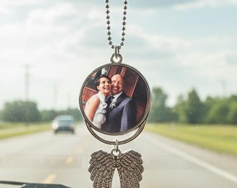 Personalised Photo Angel Wings Memorial Hanging Charm, Custom Rear View Mirror Charm, Memorial Guardian Angel Car Charm, Remembrance Gift
