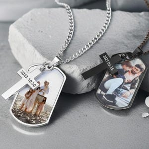 Custom Photo Necklace with Cross, Custom Photo Text Necklace For Dad,Dog Tag Necklace,Remembrance Gift,Men Memorial Gift,Father's Day Gift