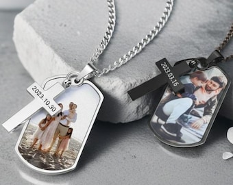 Collar con foto y cruz personalizado, collar con foto y texto personalizado para papá, collar con placa de identificación, regalo conmemorativo para hombres, regalo para el Día del Padre.