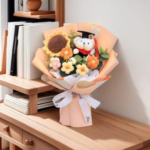 Handgemachte gestrickte Abschluss-Blumenstrauß-Blume, gehäkelter Abschluss-Blumenstrauß, gehäkelter Blumen-Bär-Blumenstrauß, Abschlussgeschenk, Geburtstagsgeschenk für Freund