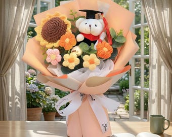 Handmade Knitted Graduation Bouquet Flower, Crochet Graduation Bouquet 2026, Crochet Flower Bear Bouquet,Graduation Gift for Friend