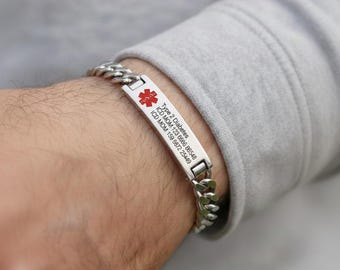 Custom Medical Bracelet,Medical Alert ID Steel Bracelets,Personalized Health Information and Emergency ID,Gifts for Men,Gifts for Diabetes