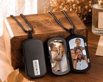 Colar com pingente relicário personalizado para foto, com texto, ideal para homenagear um pai, marido, namorado ou noivo no Natal.