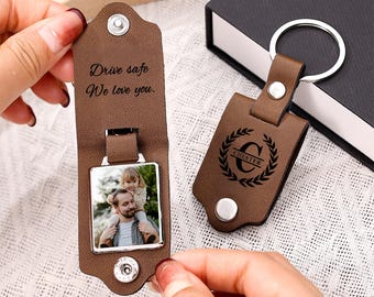 Custom Photo Leather Dad Keychain, Personalised Dad Photo Keyring, Leather Photograph Keychain, Christmas Birthday Father's Day Gift For Him