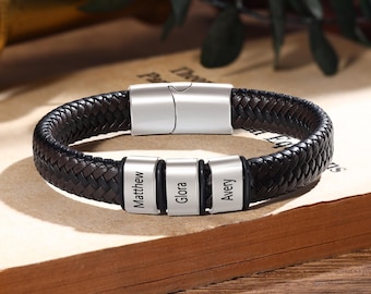 Custom Mens Bracelet for Dad with Kids Name Custom Engraved Bead Leather Bracelet Family Gift for Grandpa Fathers Day Gift for Dad