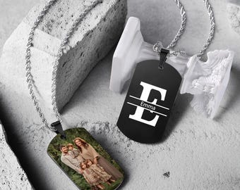 Custom Photo Monogram Necklace,Photo With Text Name Necklace For Dad,Men Memorial Gift,Dog Tag Necklace,Remembrance Gift,Father's Day Gift