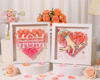 Personalised Flower Heart Shadow Box,Roses Shadowbox with Holding Hand Kids Name,Custom Frame Gift for Mother's Day,Gift for Mom Nana Granny