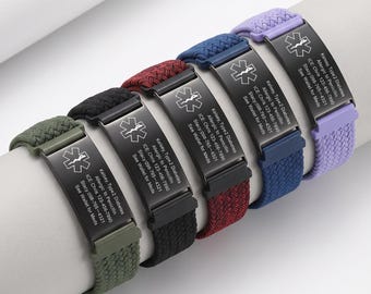 Custom Medical Alert Bracelet, Waterproof Sport Medical Alert Adjustable Bracelet, Elastic Nylon Emergency Wristband, Health ID Men Women