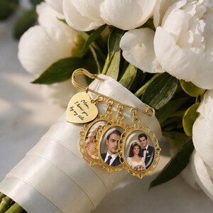May include: A gold-toned safety pin brooch featuring a heart-shaped charm engraved with the text Mom, I knew you by my side, accompanied by three oval-shaped filigree photo frames displaying portraits of individuals in formal attire.
