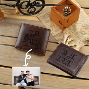 Cartera de cuero personalizada con foto, cartera de cuero genuino con monograma personalizado, regalo del Día del Padre para él, hombres, papá, esposo, novio