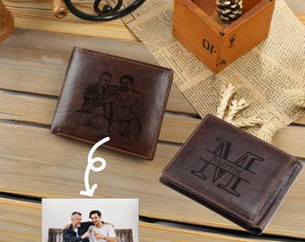 Personalisierte Leder Foto Brieftasche, gravierte Echtleder Custom Monogramm Brieftasche, Vatertagsgeschenk für ihn, Männer, Vater, Ehemann, Freund