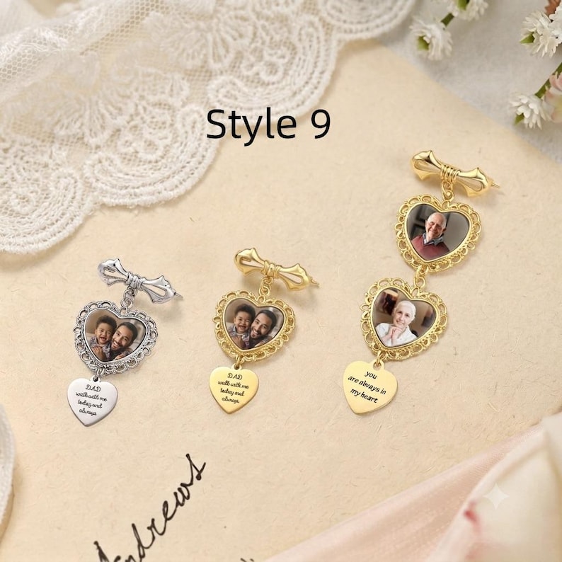 May include: Three metal photo charms labeled Style 9. One silver-tone charm features a heart-shaped photo frame and a heart pendant with the text DAD walk with me today and always. Two gold-tone charms feature heart-shaped photo frames and heart pendants.
