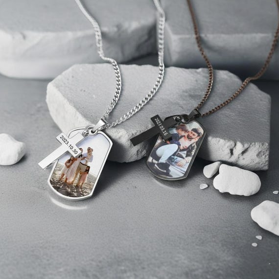 Custom Photo Necklace with Cross, Custom Photo Text Necklace For Dad,Dog Tag Necklace,Remembrance Gift,Men Memorial Gift,Father's Day Gift