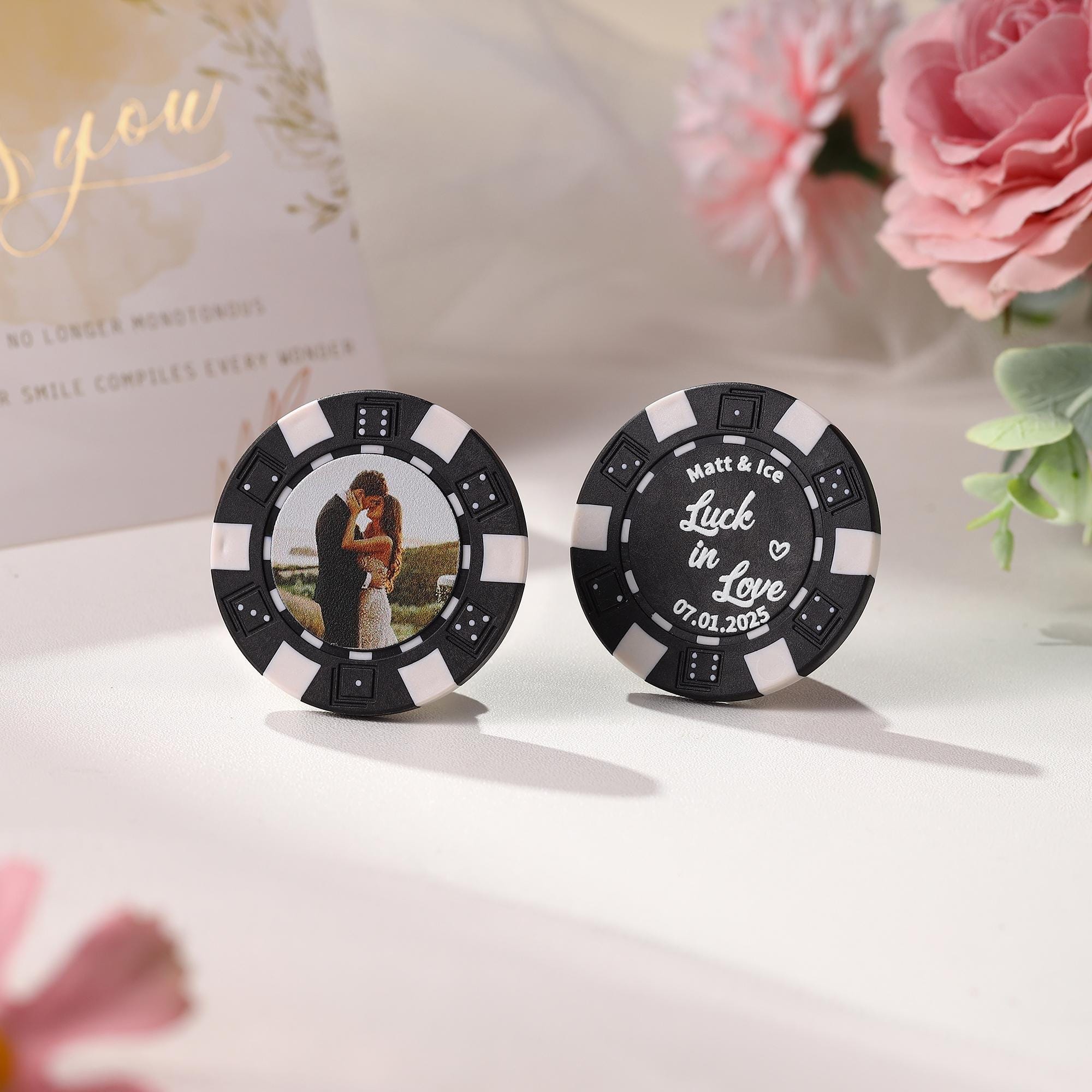 Jeu de jetons de poker de mariage personnalisé, photo couleur imprimée personnalisée, souvenir de fiançailles, jetons de boisson, cadeau de bonbonnières du casino de Vegas