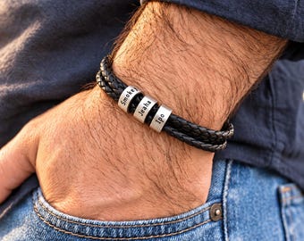 Pulsera personalizada para hombre para papá con nombres de los niños, pulsera de cuero con cuentas grabadas a medida, regalo familiar para el abuelo, regalo de Navidad para papá.