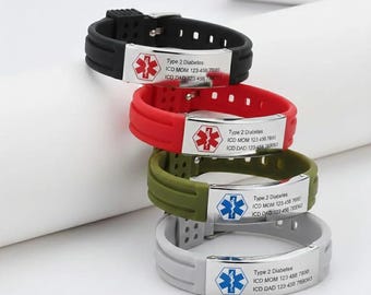 Medical ID Bracelet Silicone Waterproof Engraved Alert Bracelet for Men Women Type 2 Diabetes Allergy Emergency Medical ID Wristband Custom