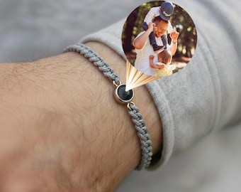 Custom Photo Projection Bracelet, Braided Rope Picture S925 Silver Bracelet,Memorial Bracelet, Anniversary Gift,Fathers Day Gift for Dad Him