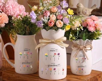 Custom First Mom Now Grandma Birth Flower Vase, Personalized Flower Keepsake With Name Vase, Mothers Day Gift for Mother Nana Nanny Grandma